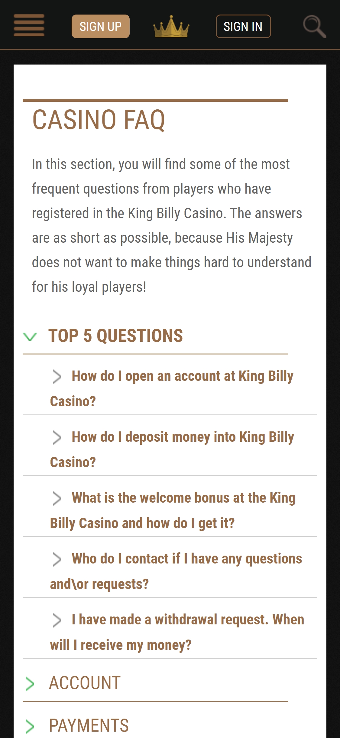 King Billy Casino Mobile Support Review