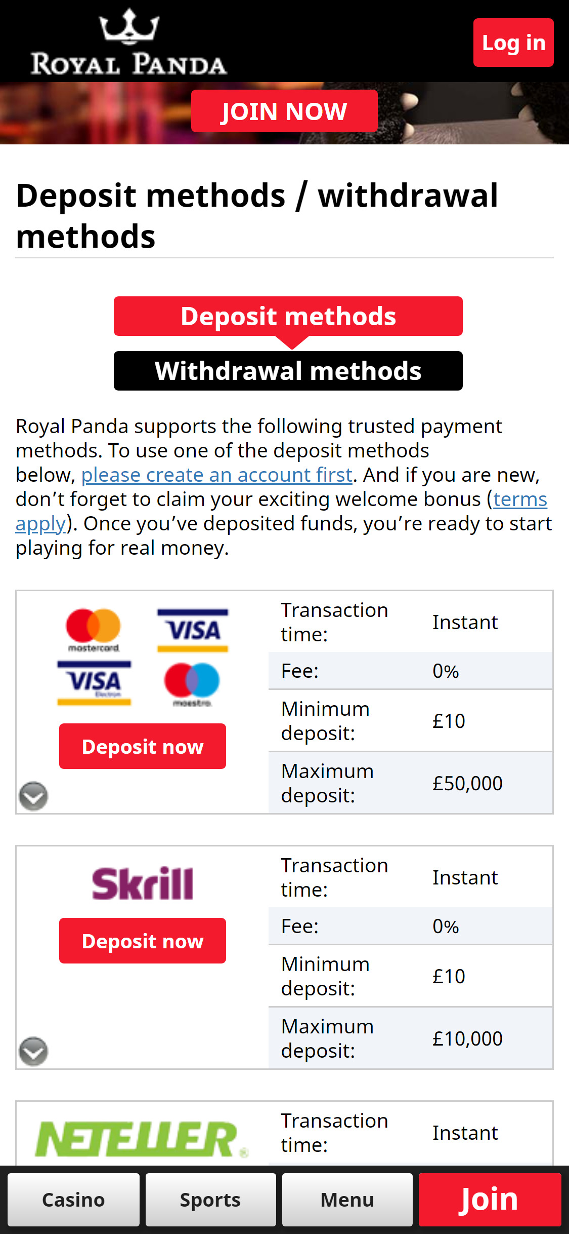 Royal Panda Casino Mobile Payment Methods Review
