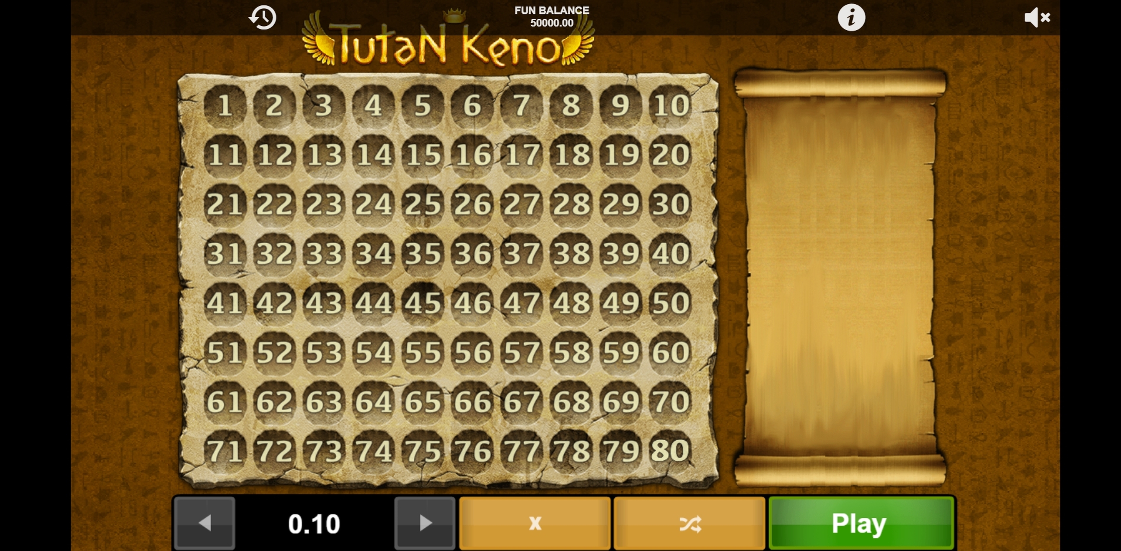Reels in Tutan Keno Slot Game by 1x2 Gaming