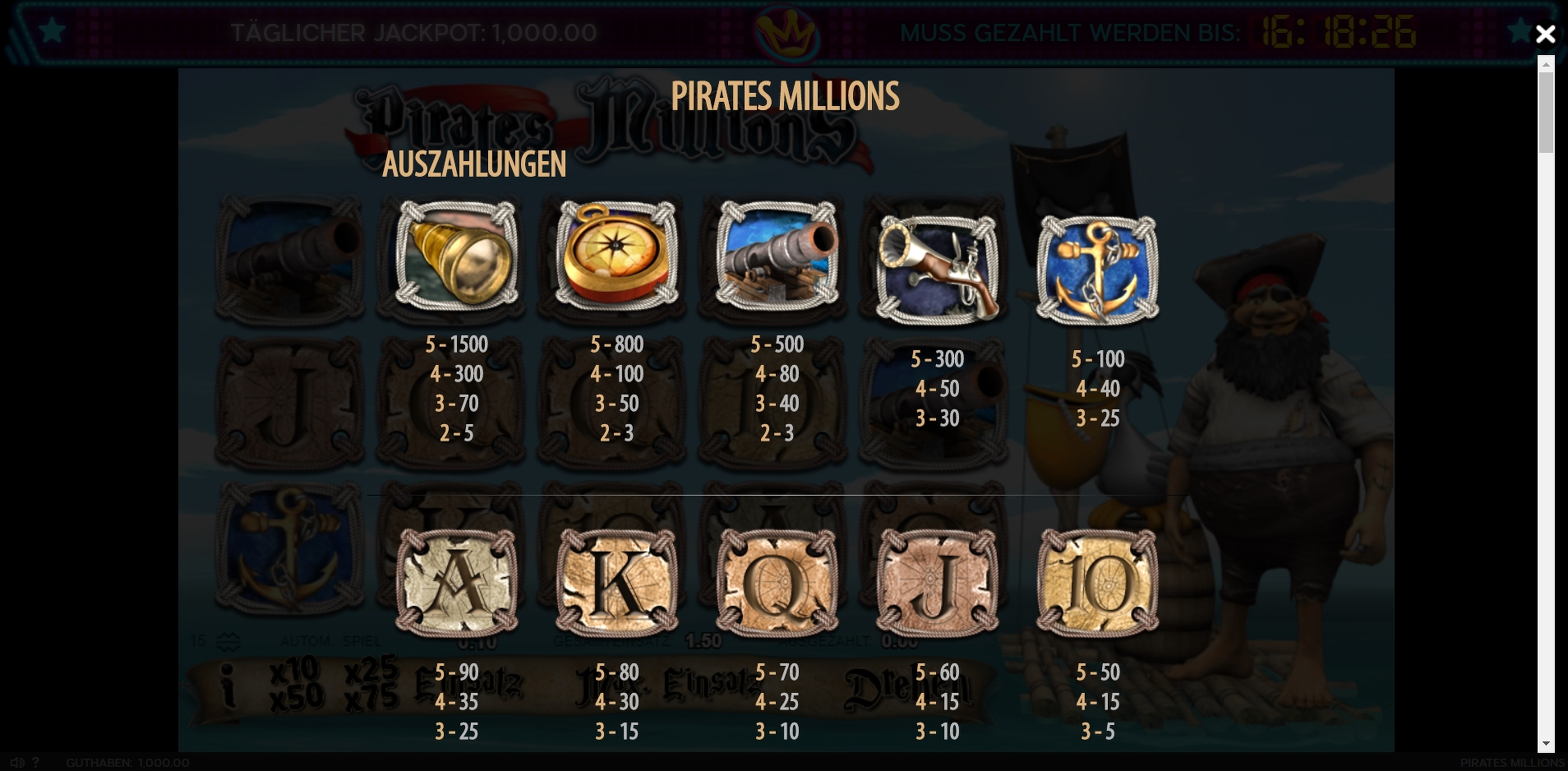 Info of Pirates Millions Slot Game by 888 Gaming
