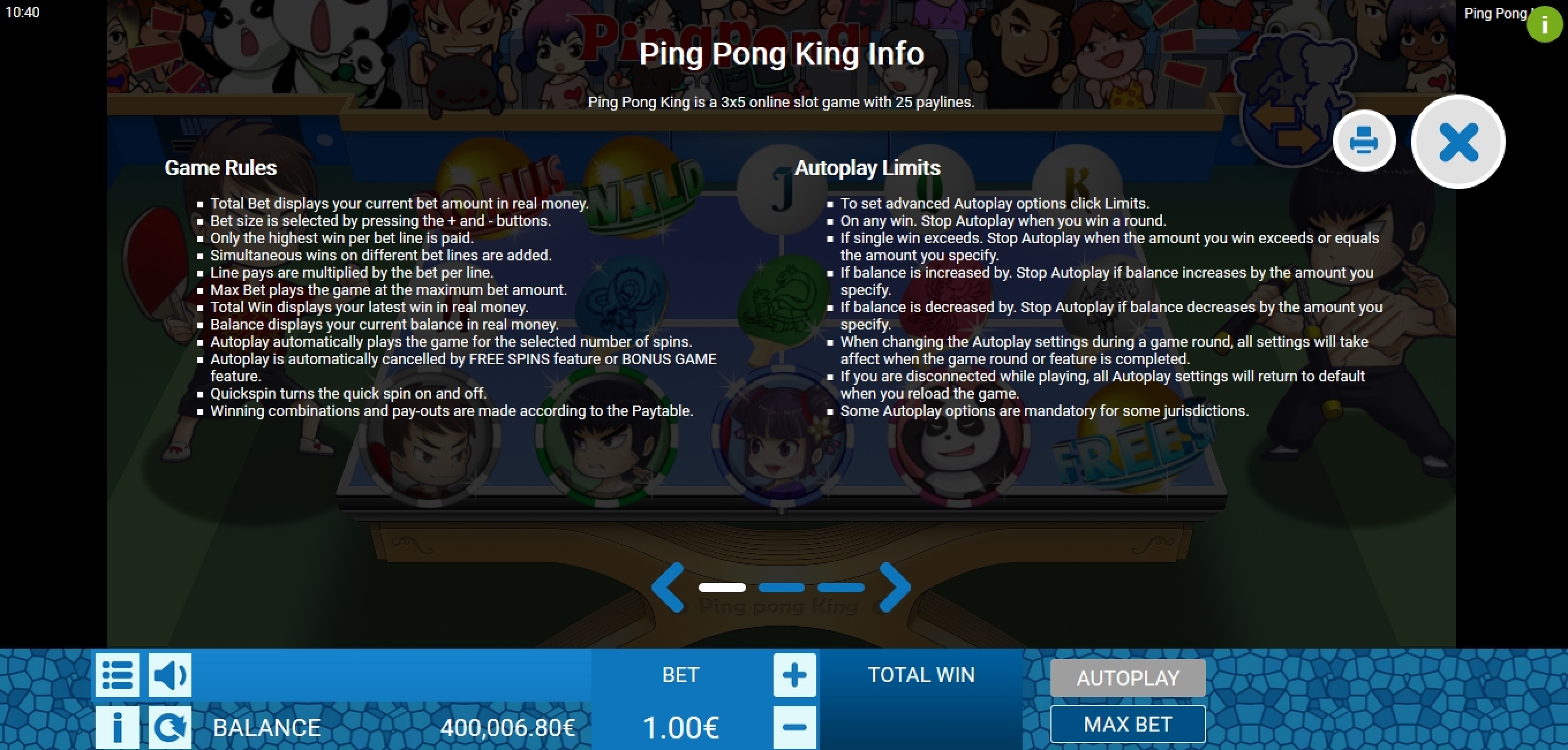 Info of Ping Pong King Slot Game by Gamatron
