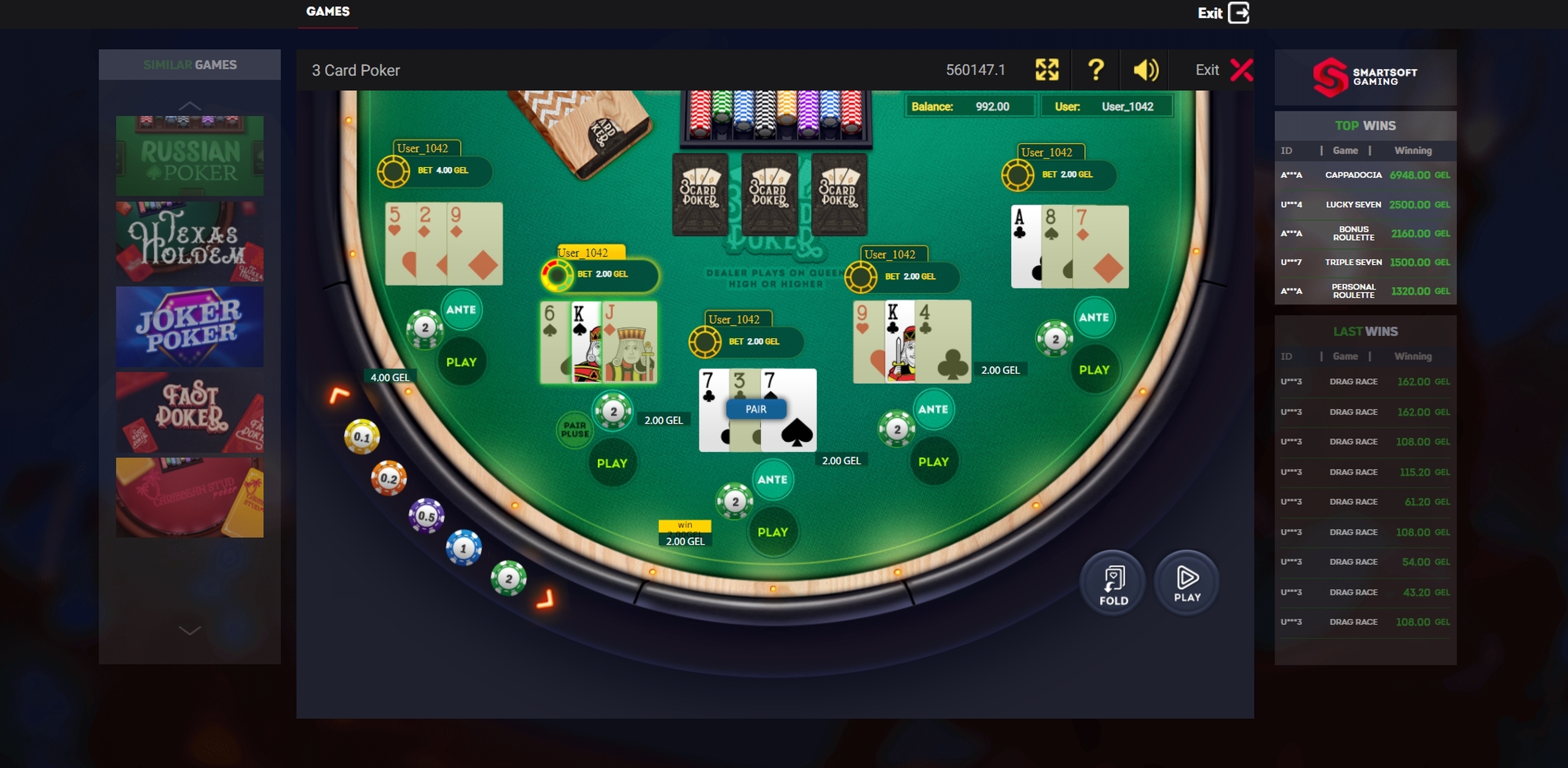 Win Money in 3 Card Poker Free Slot Game by Smartsoft Gaming