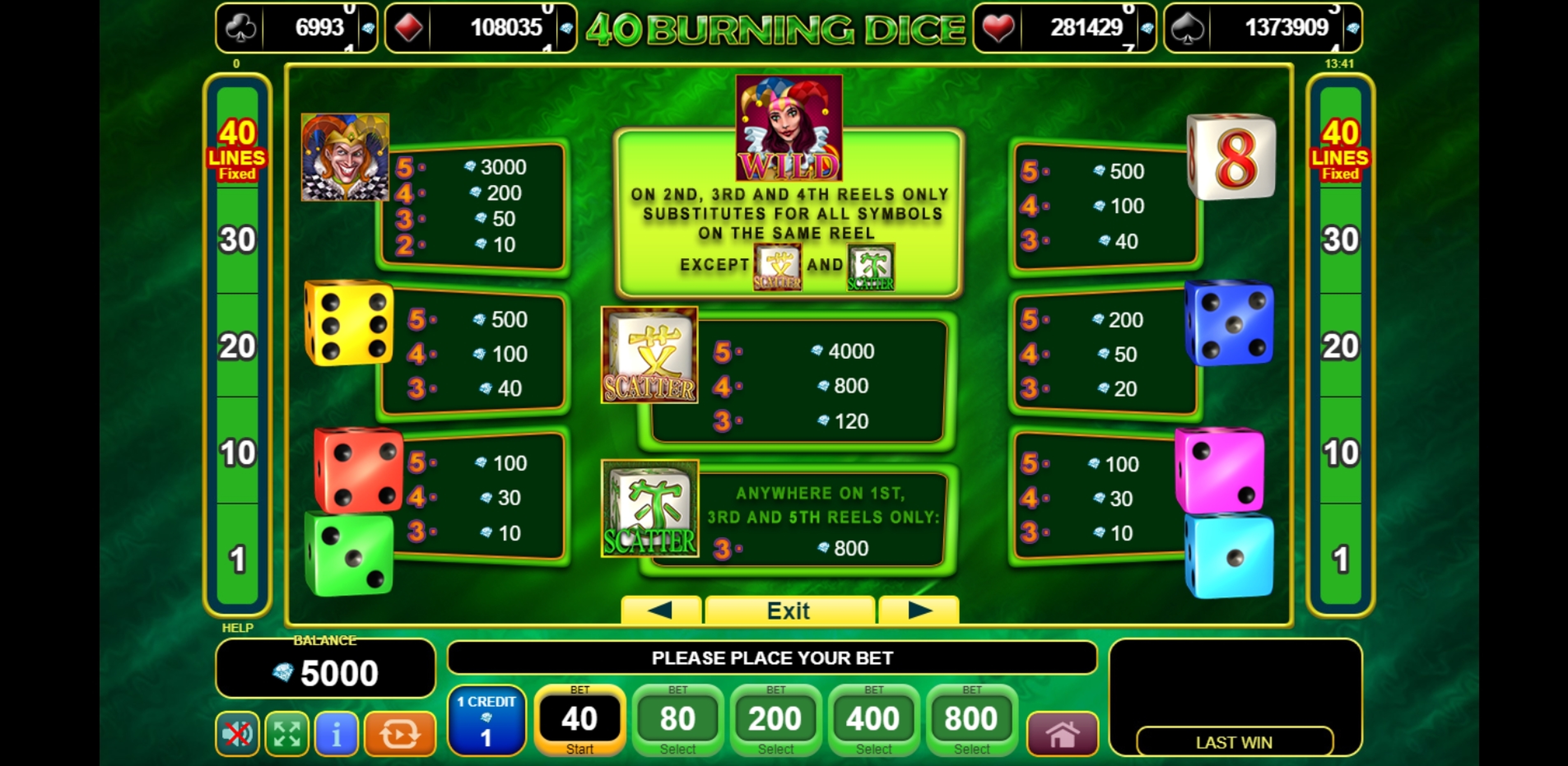 Info of 40 Burning Dice Slot Game by EGT
