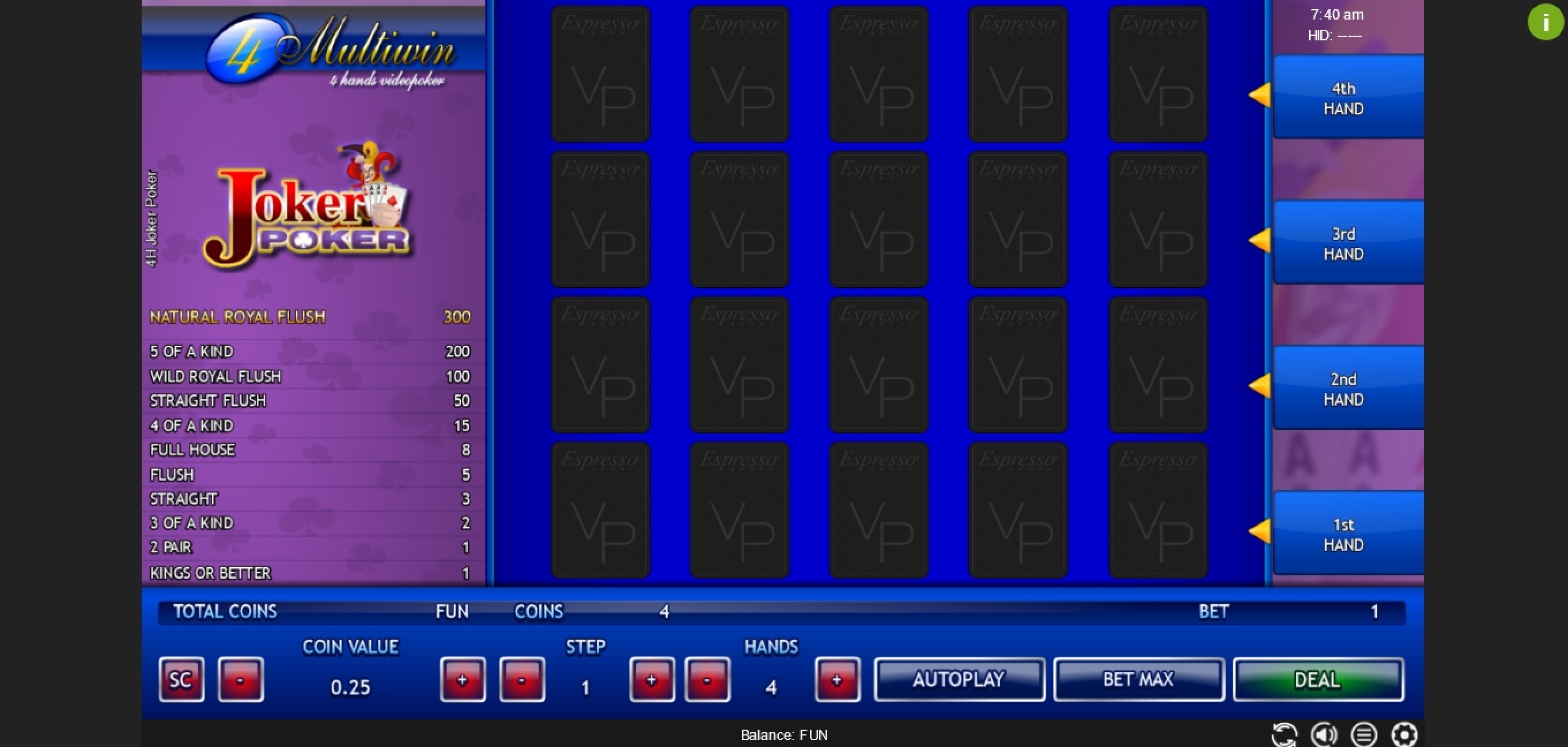 Reels in Joker Poker 4 Hands Slot Game by Espresso Games