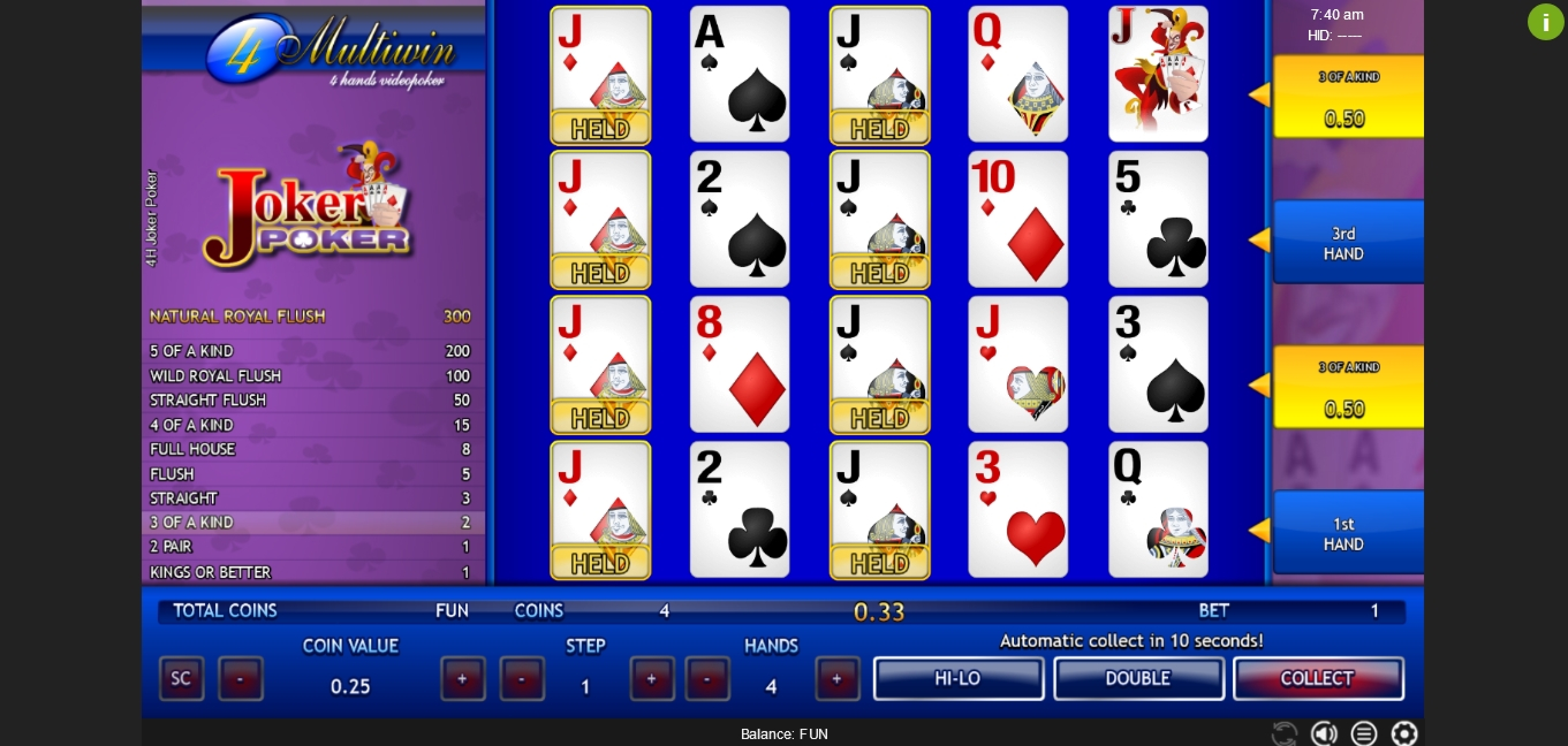 Win Money in Joker Poker 4 Hands Free Slot Game by Espresso Games