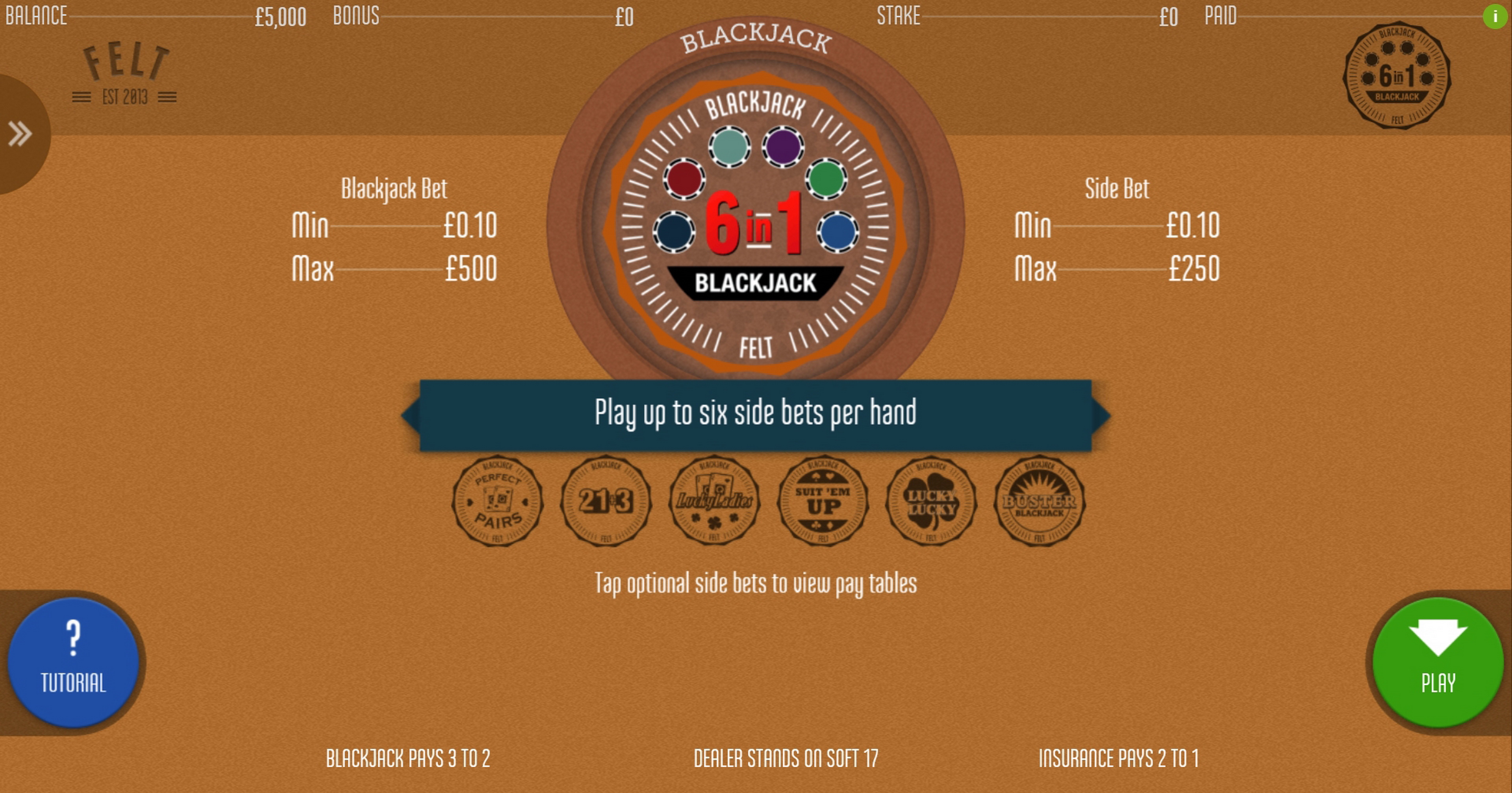 Play 6 in 1 Blackjack Free Casino Slot Game by Felt