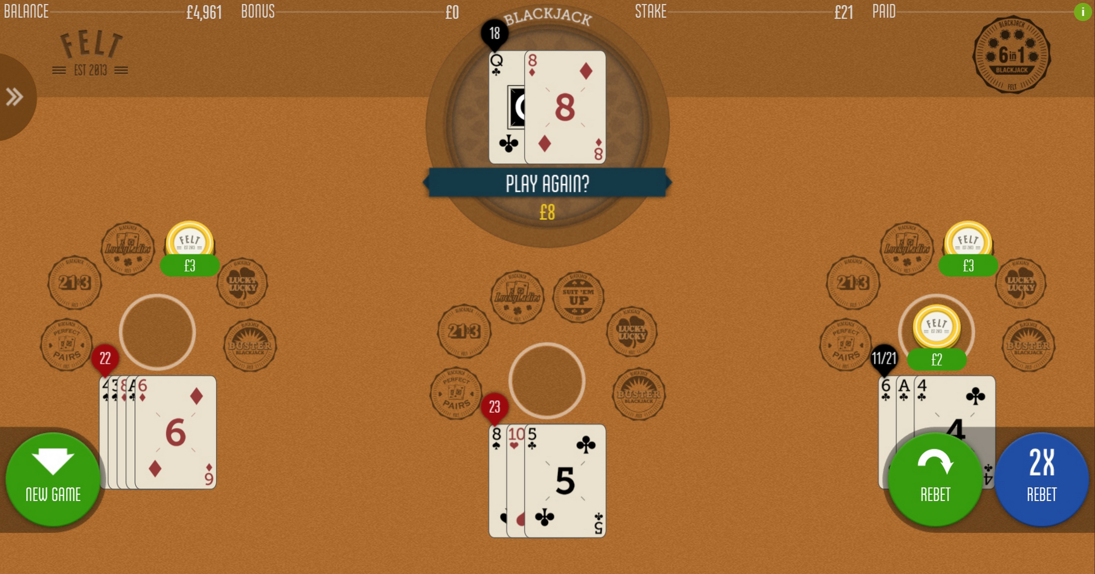 Win Money in 6 in 1 Blackjack Free Slot Game by Felt