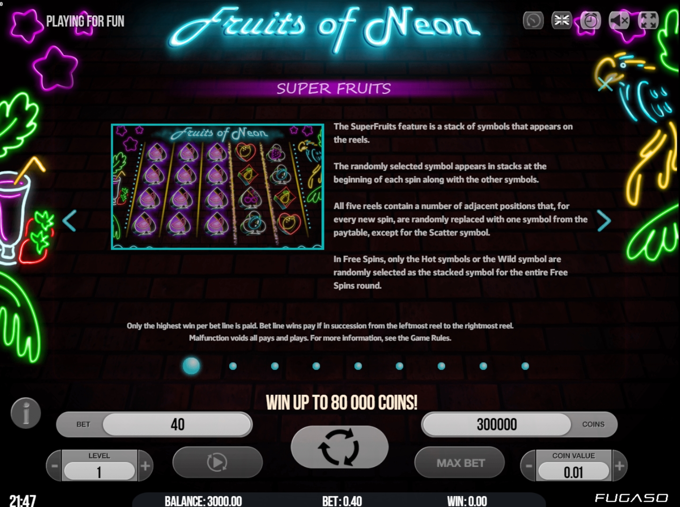 Info of Fruits of Neon Slot Game by Fugaso
