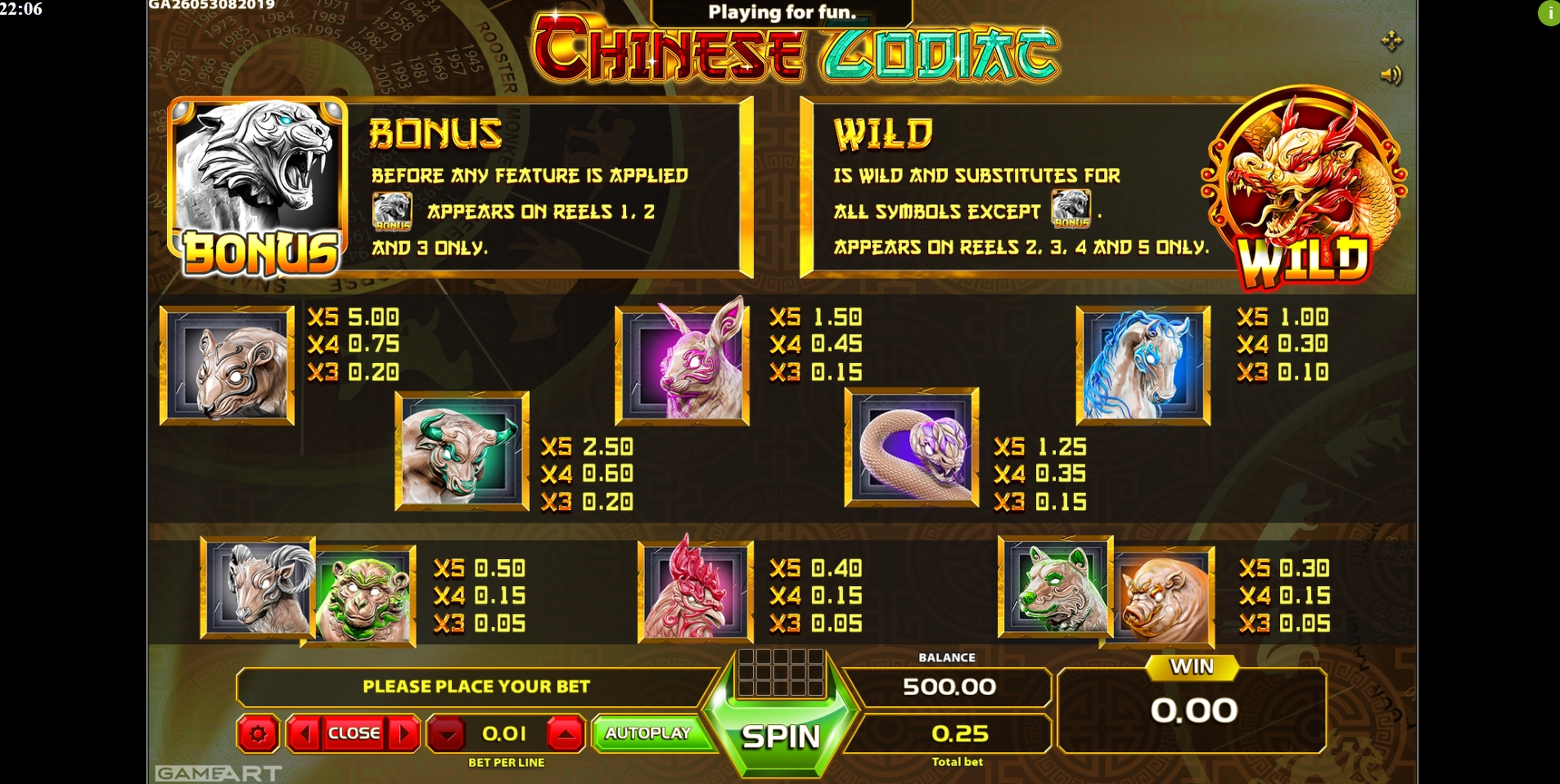 Info of Chinese Zodiac Slot Game by GameArt