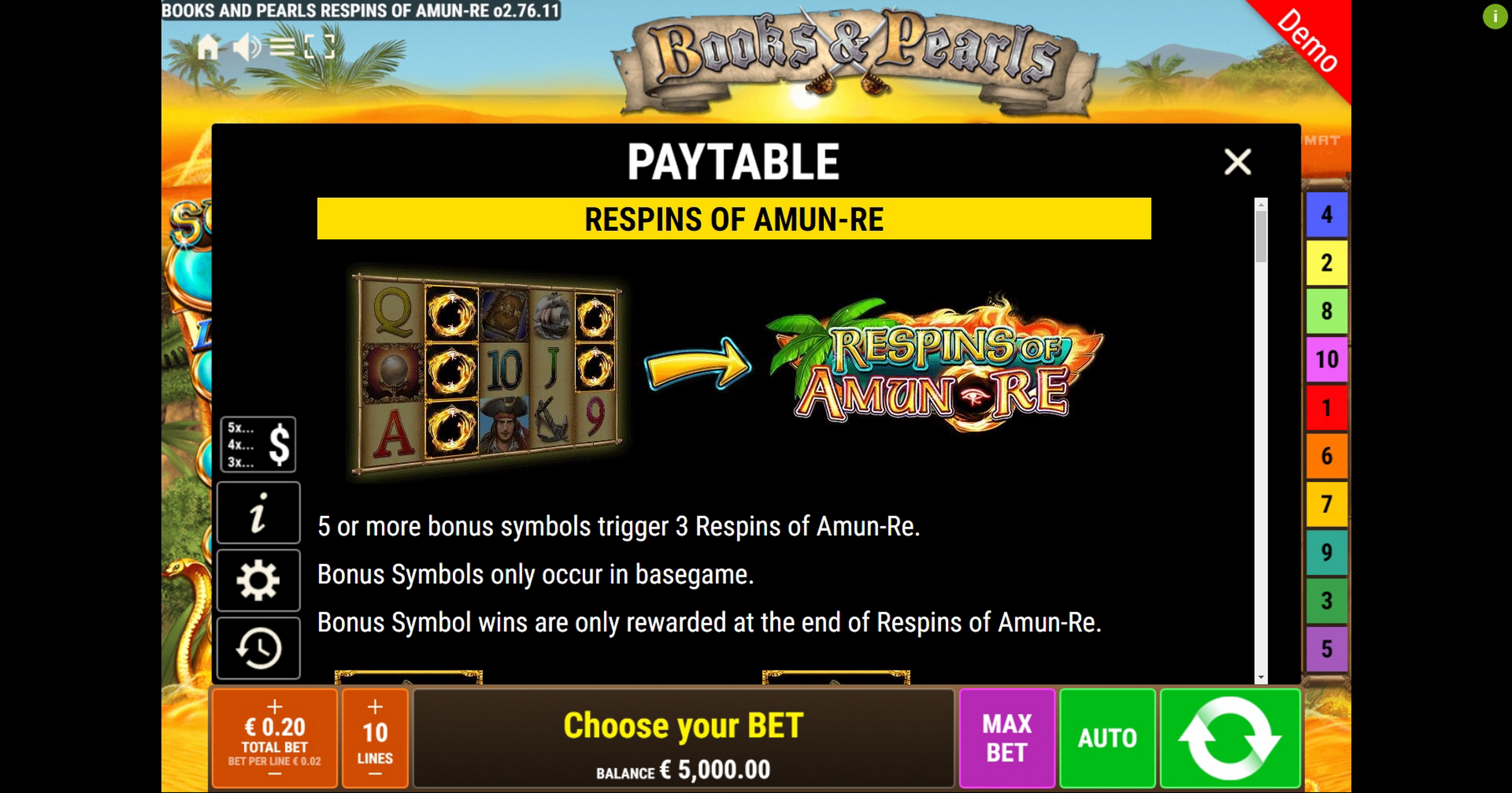 Info of Books and Pearls Respins of Amun-Re Slot Game by Gamomat