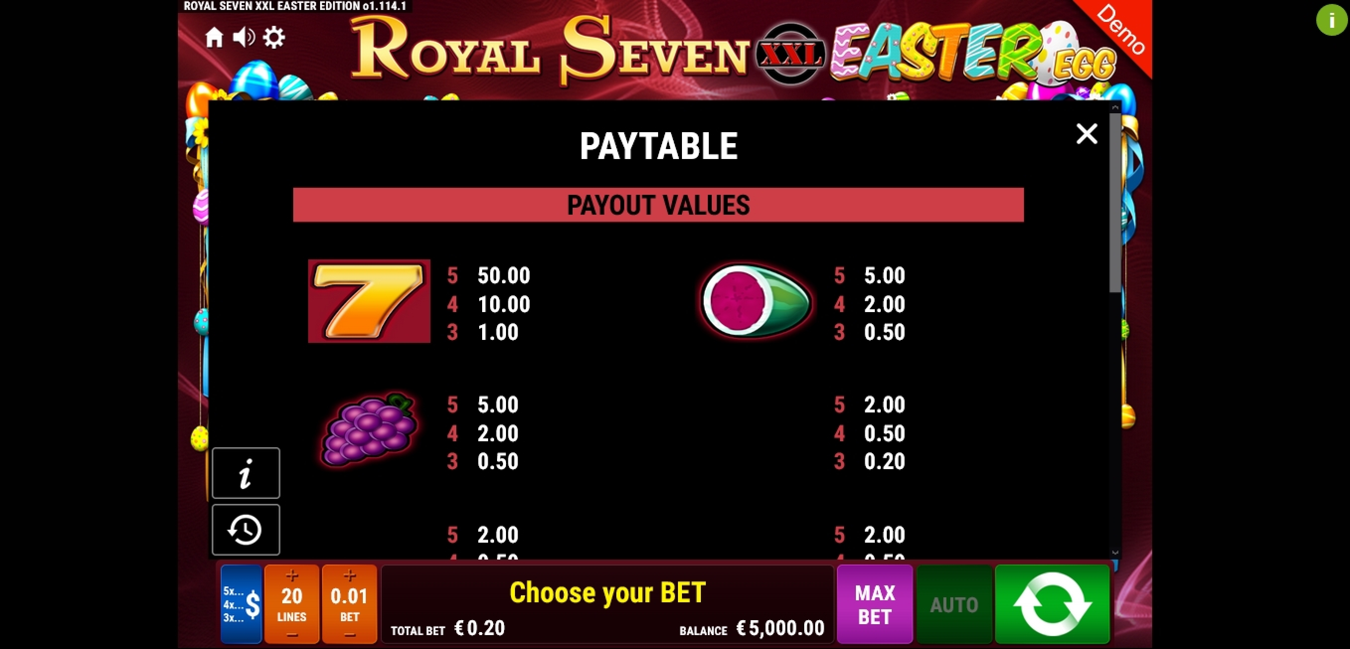 Info of Royal Seven XXL Easter Egg Slot Game by Gamomat