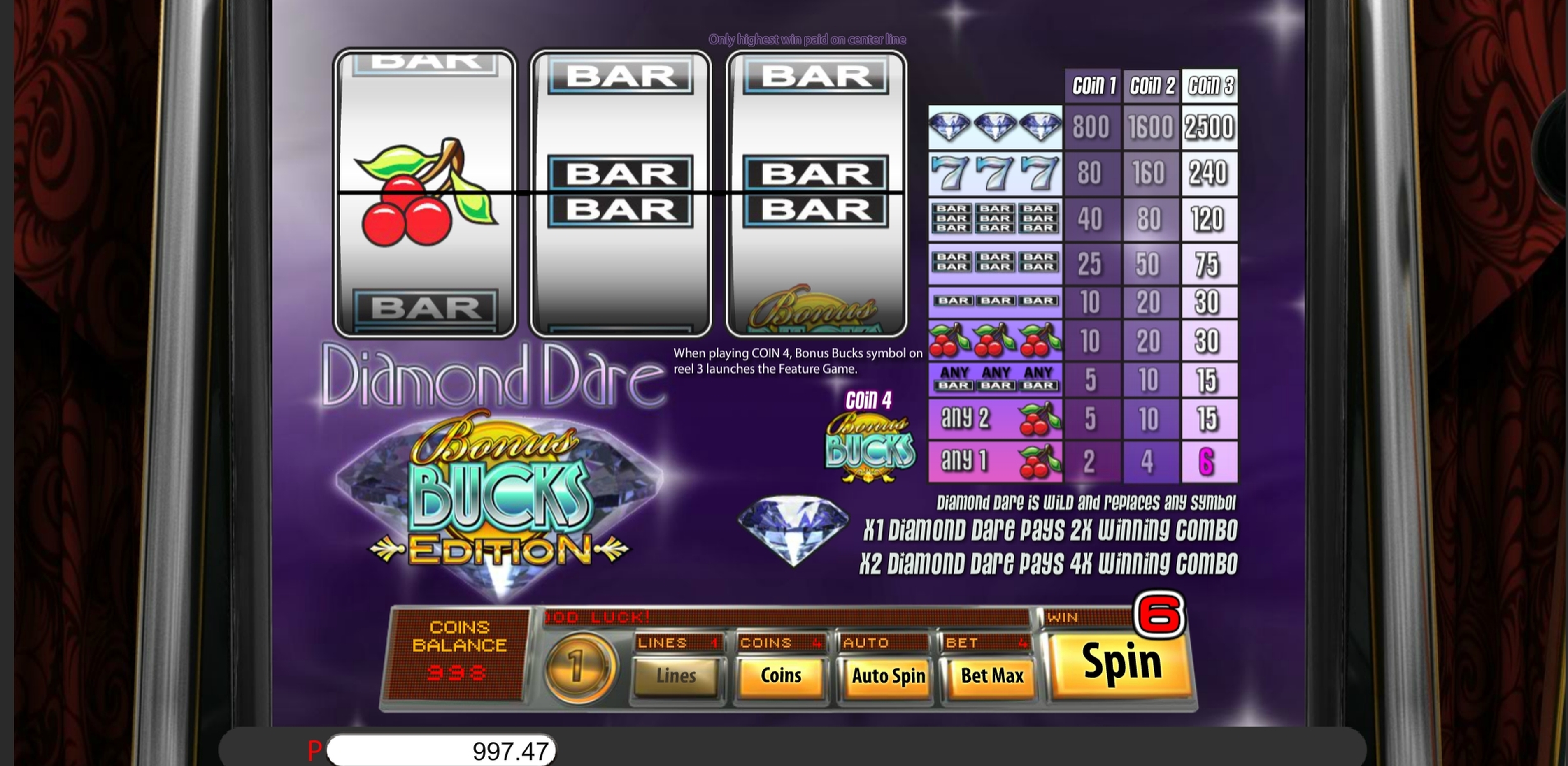 Win Money in Diamond Dare Bonus Bucks Free Slot Game by Genii