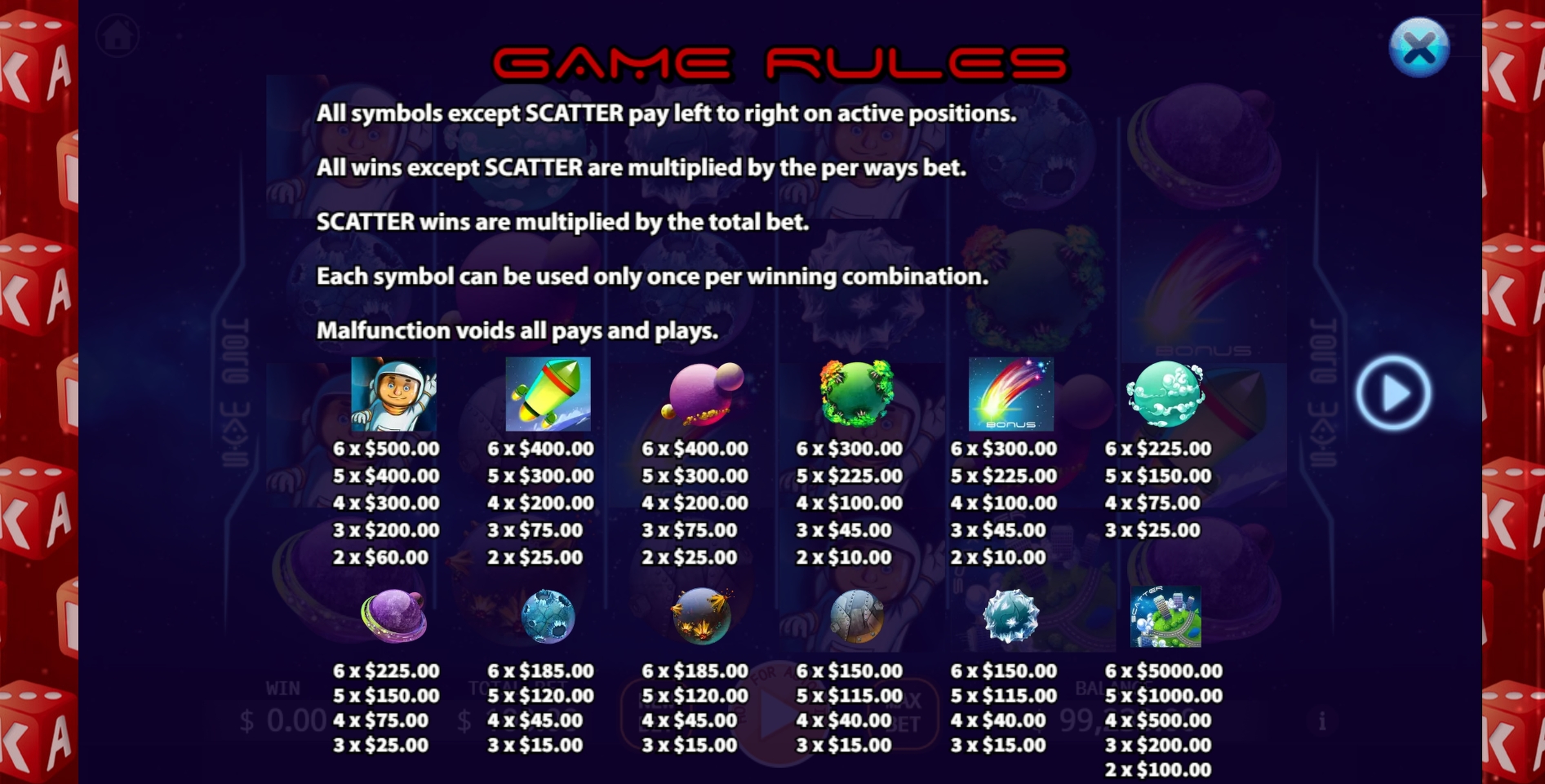 Info of Spinning In Space Slot Game by KA Gaming