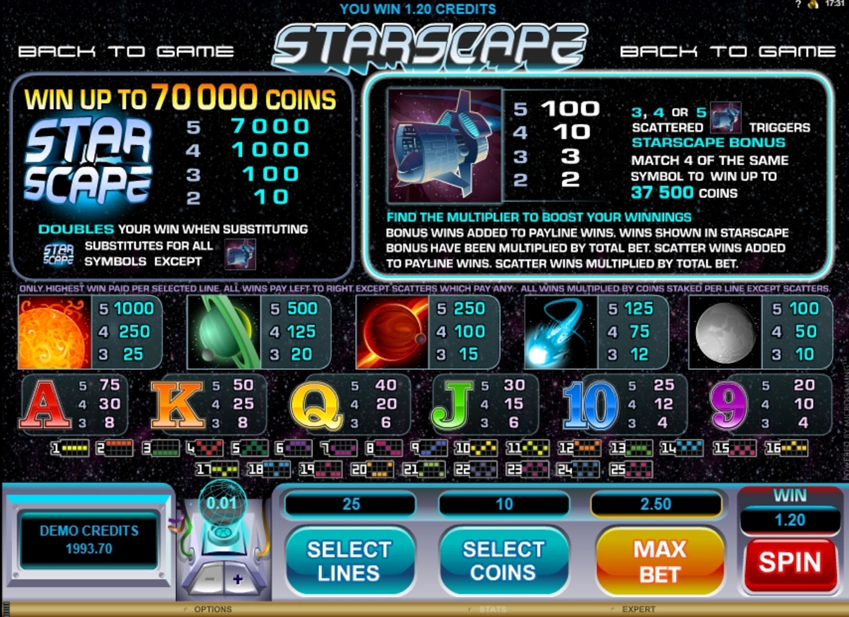 Info of Starscape Slot Game by Microgaming