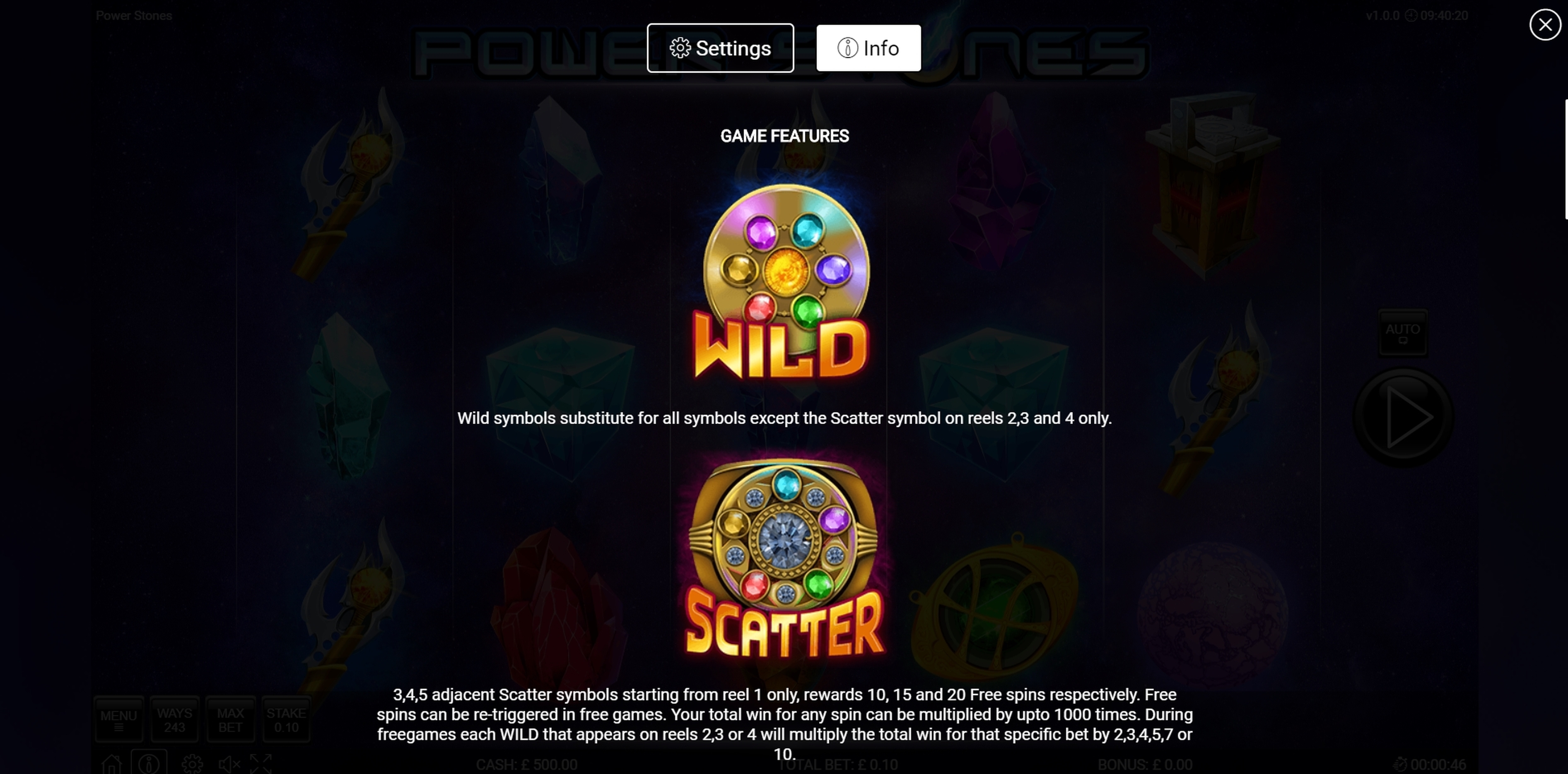 Info of Power Stones Slot Game by Nektan
