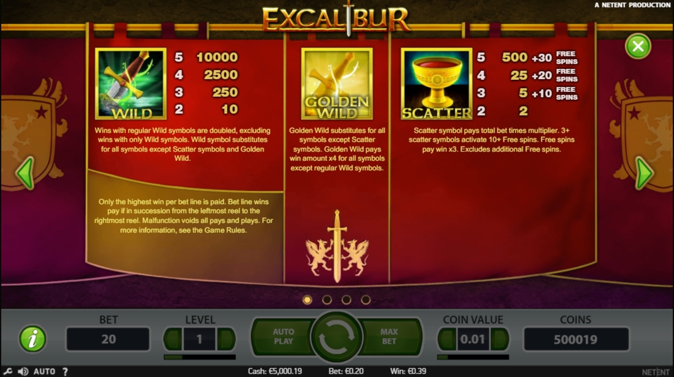 Info of Excalibur Slot Game by NetEnt