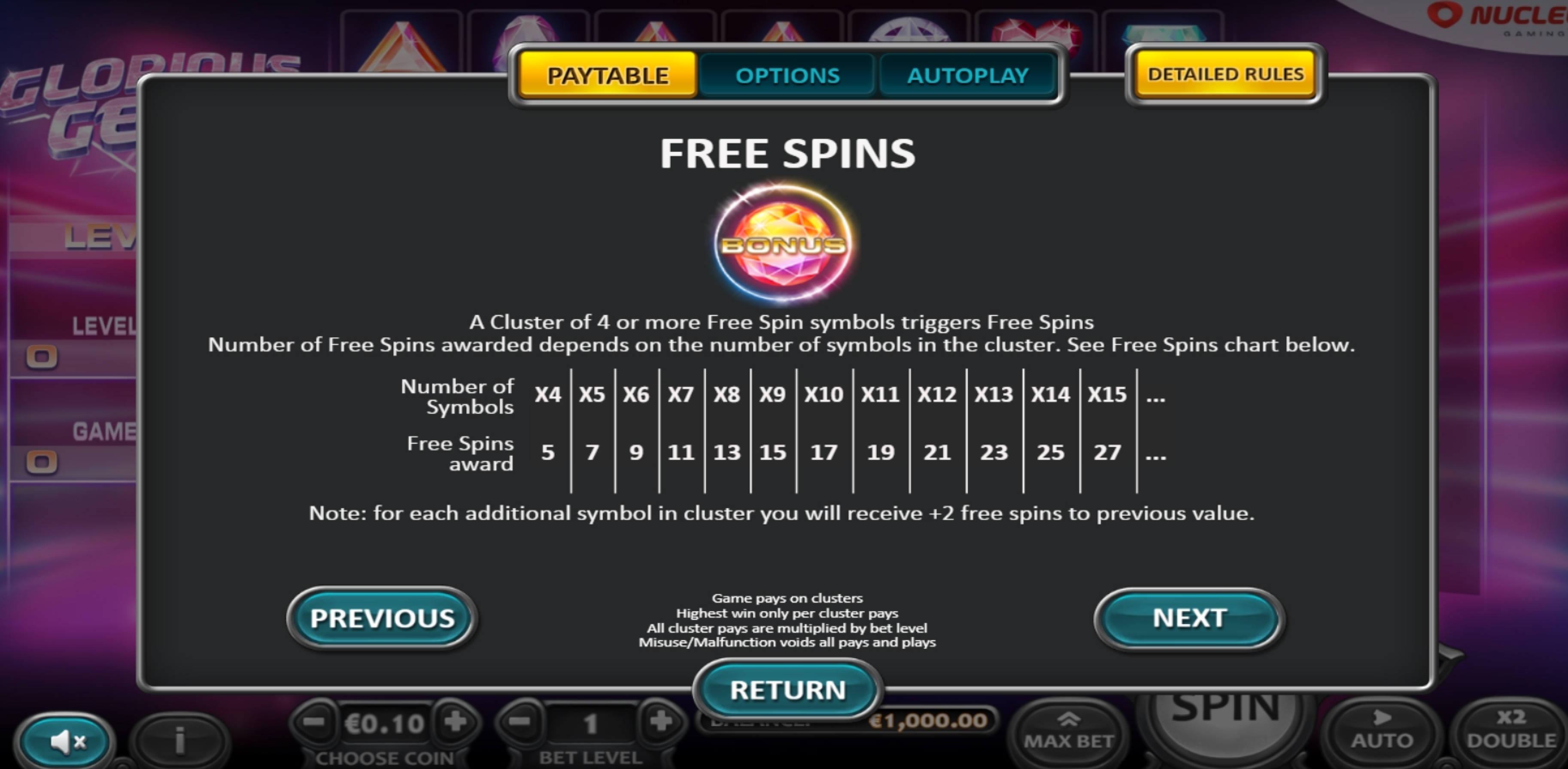 Info of Glorious Gems Slot Game by Nucleus Gaming