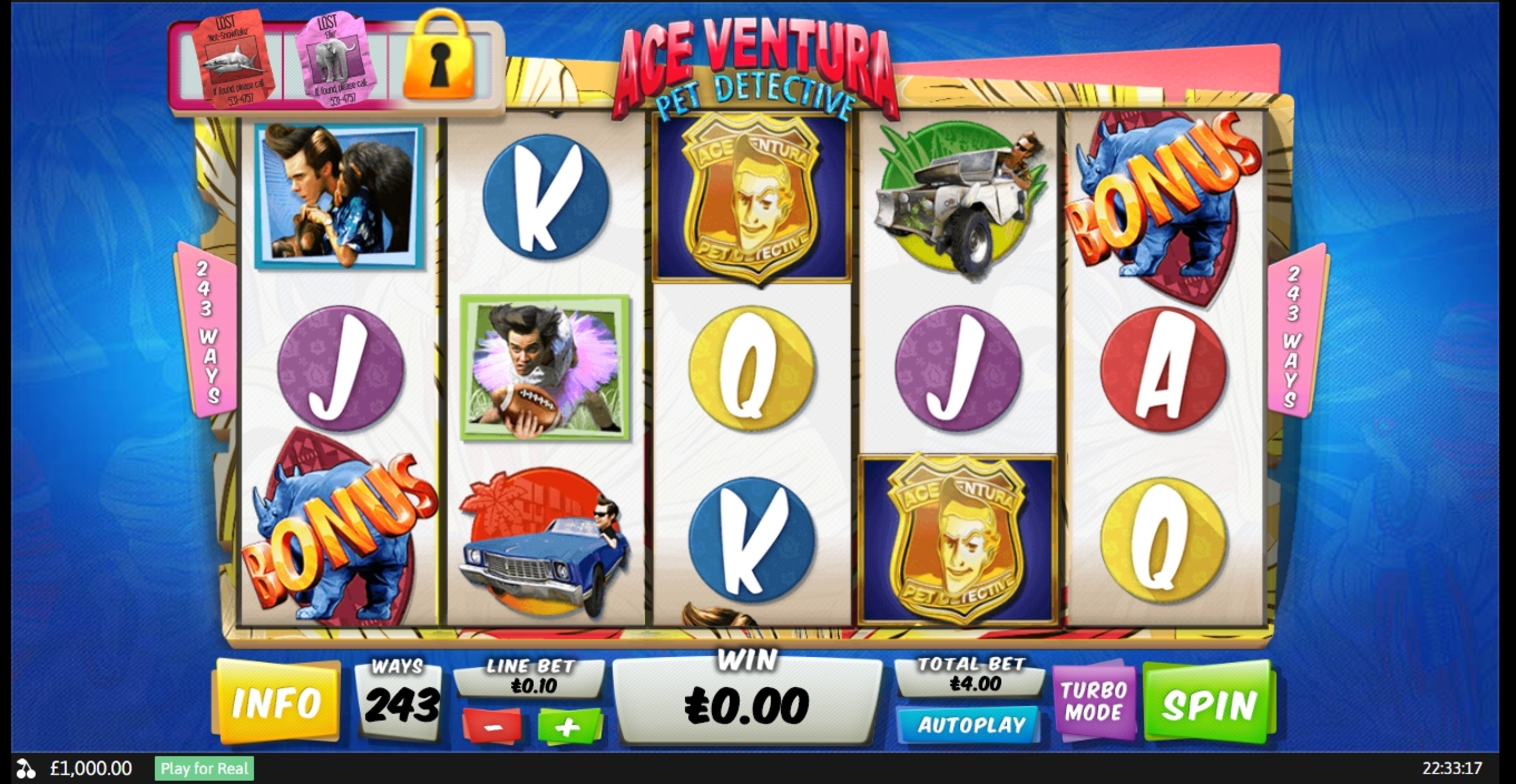 Reels in Ace Ventura Slot Game by Playtech