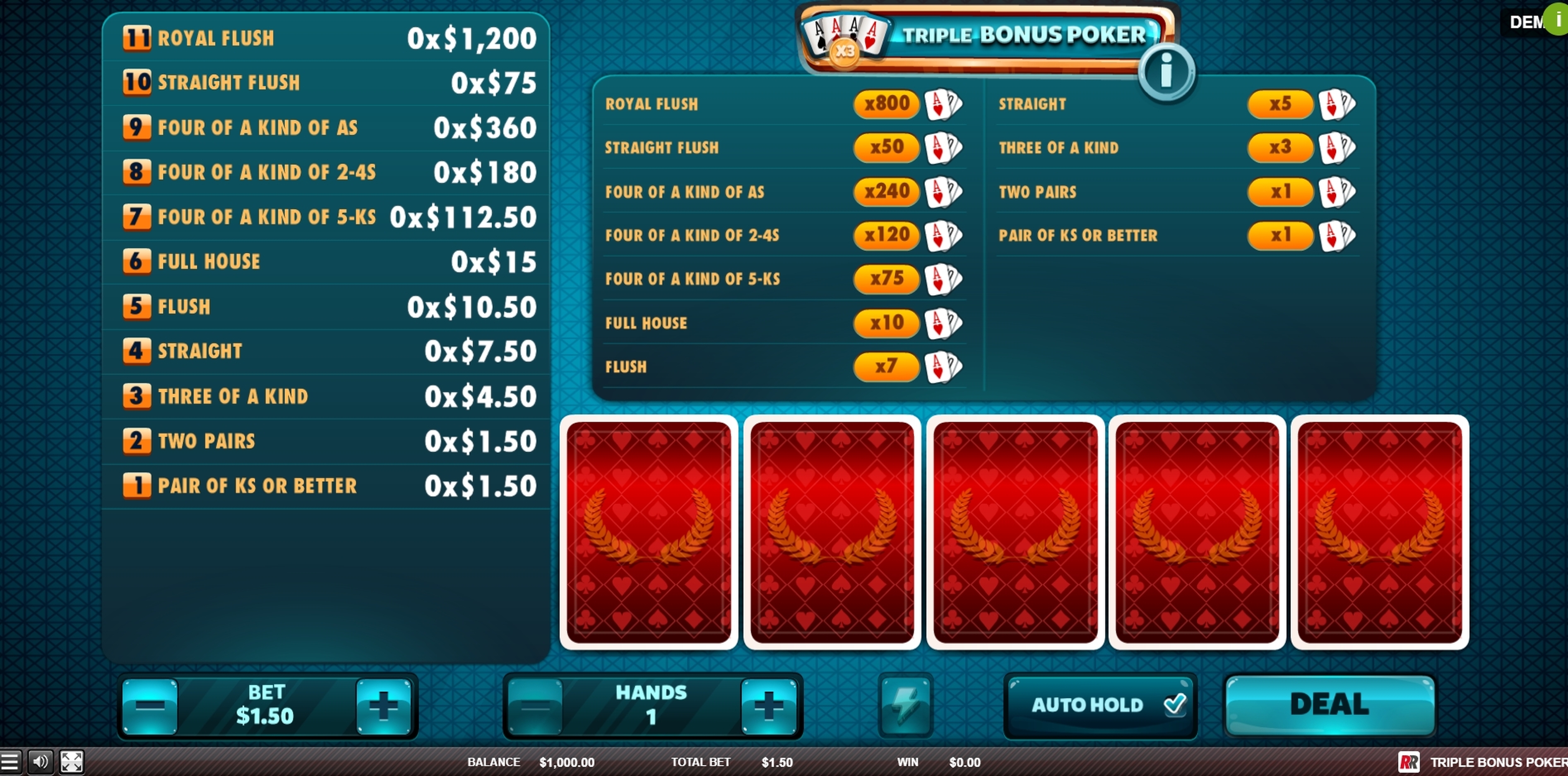 Reels in Triple Bonus Poker Slot Game by Red Rake Gaming