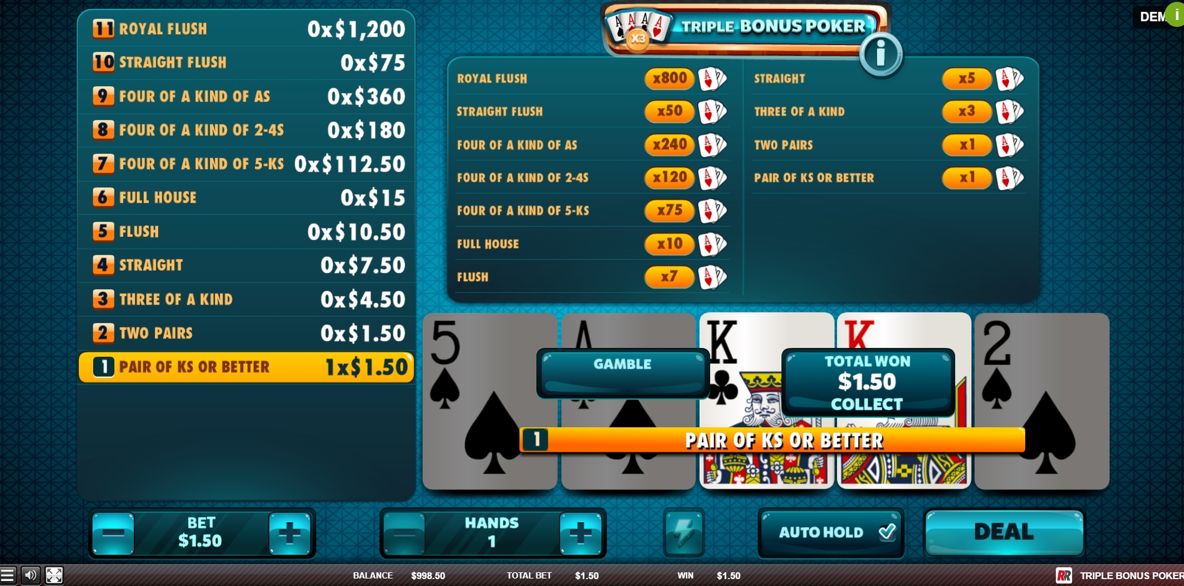 Win Money in Triple Bonus Poker Free Slot Game by Red Rake Gaming