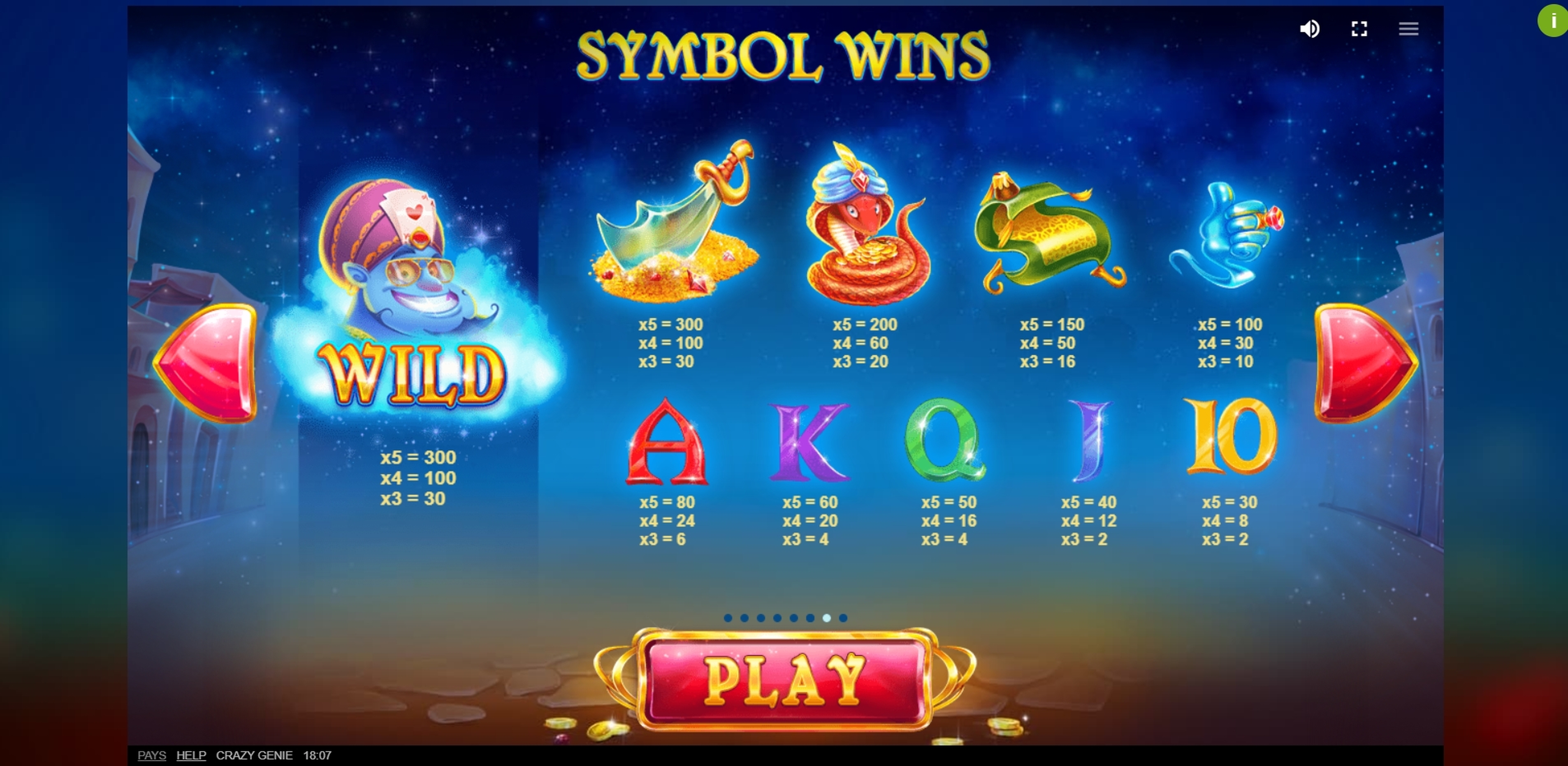 Info of Crazy Genie Slot Game by Red Tiger Gaming