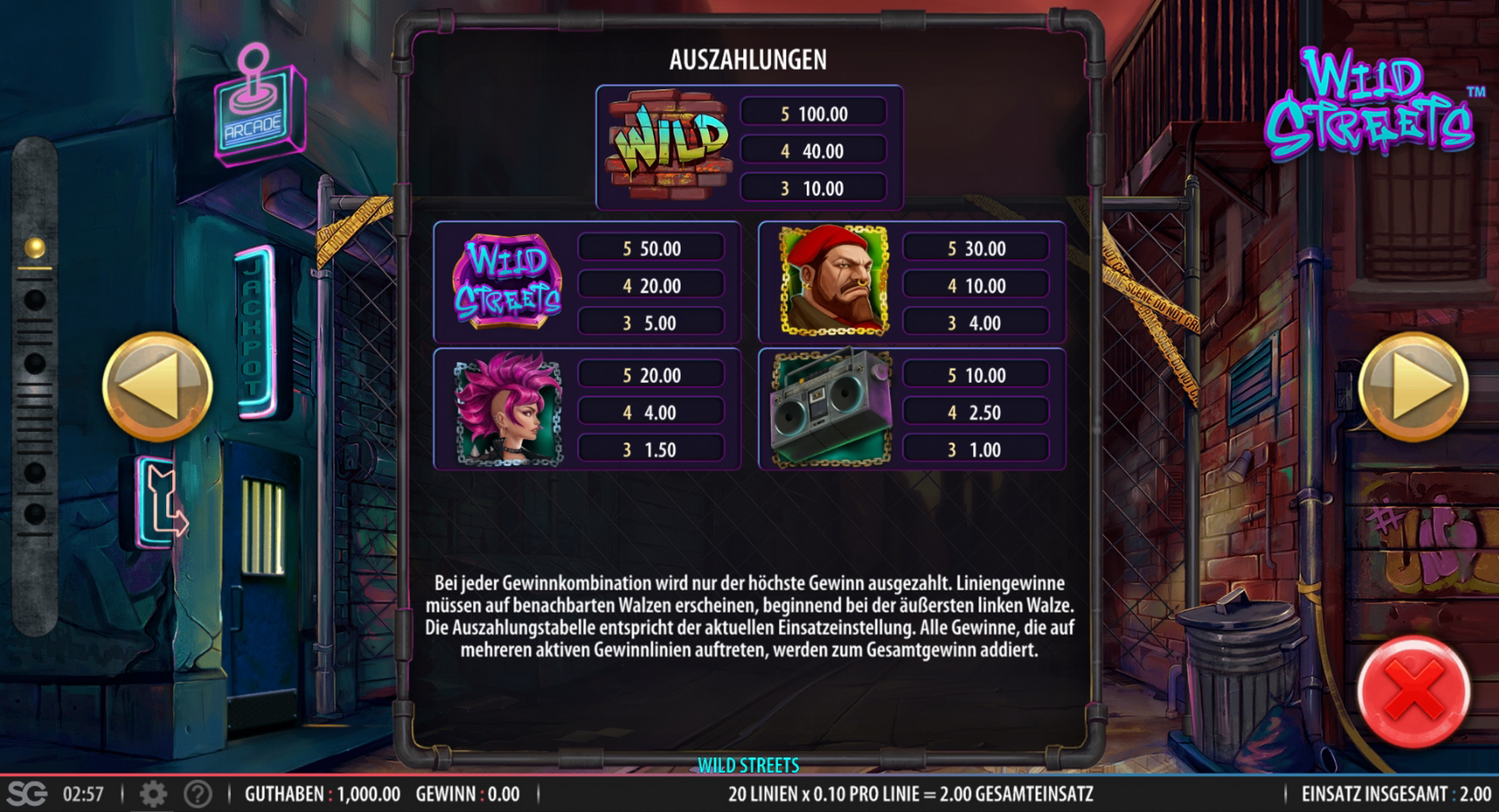 Info of Wild Streets Slot Game by Red7 Mobile
