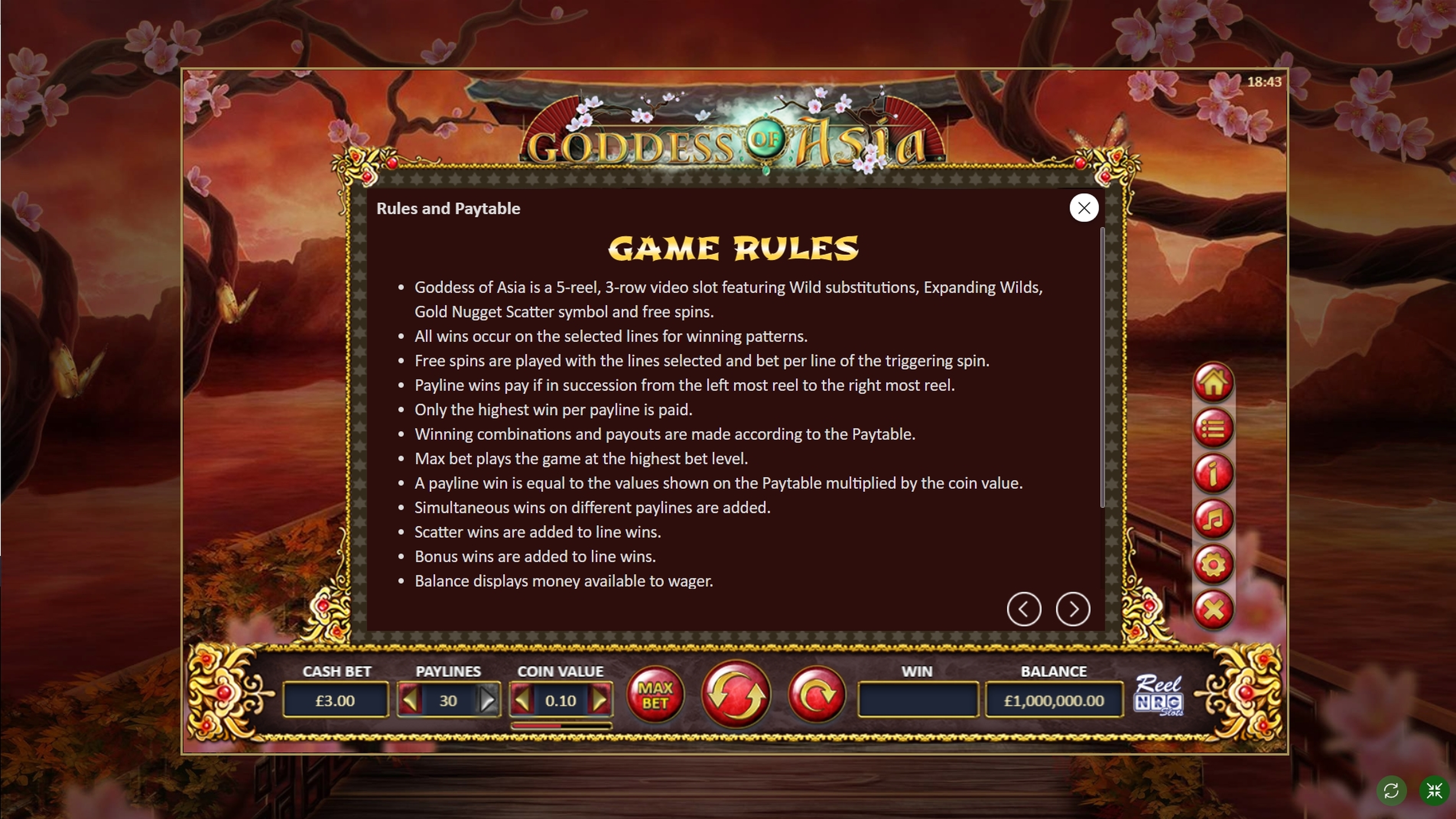 Info of Goddess of Asia Slot Game by ReelNRG Gaming