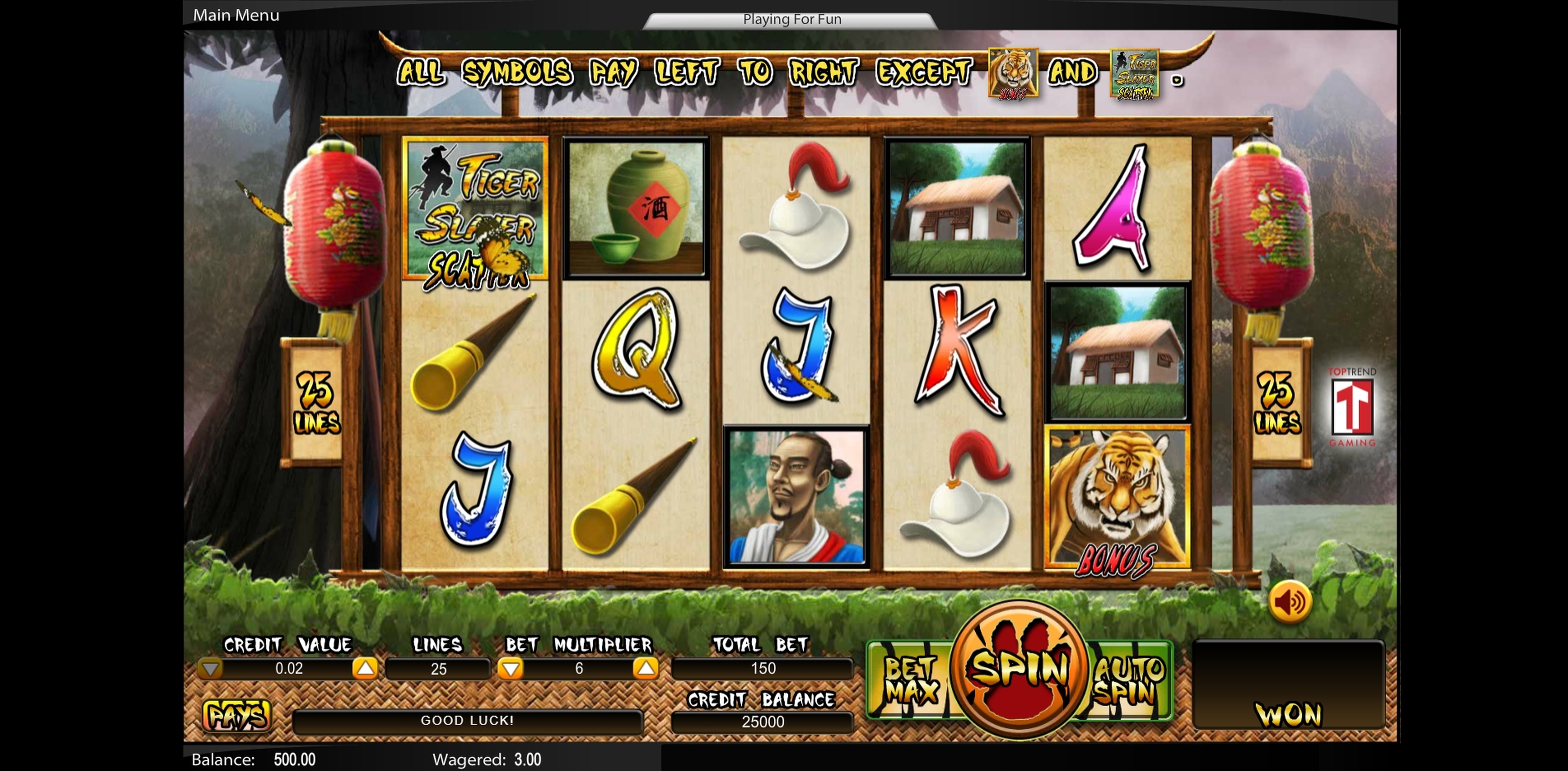 Reels in Tiger Slayer Slot Game by Top Trend Gaming